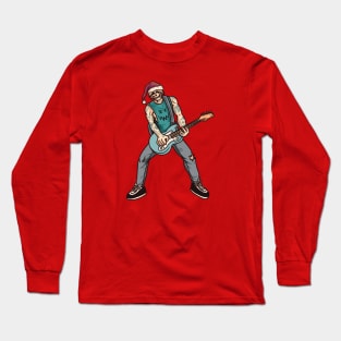 Rocker Skeleton with Guitar and Santa Hat Long Sleeve T-Shirt